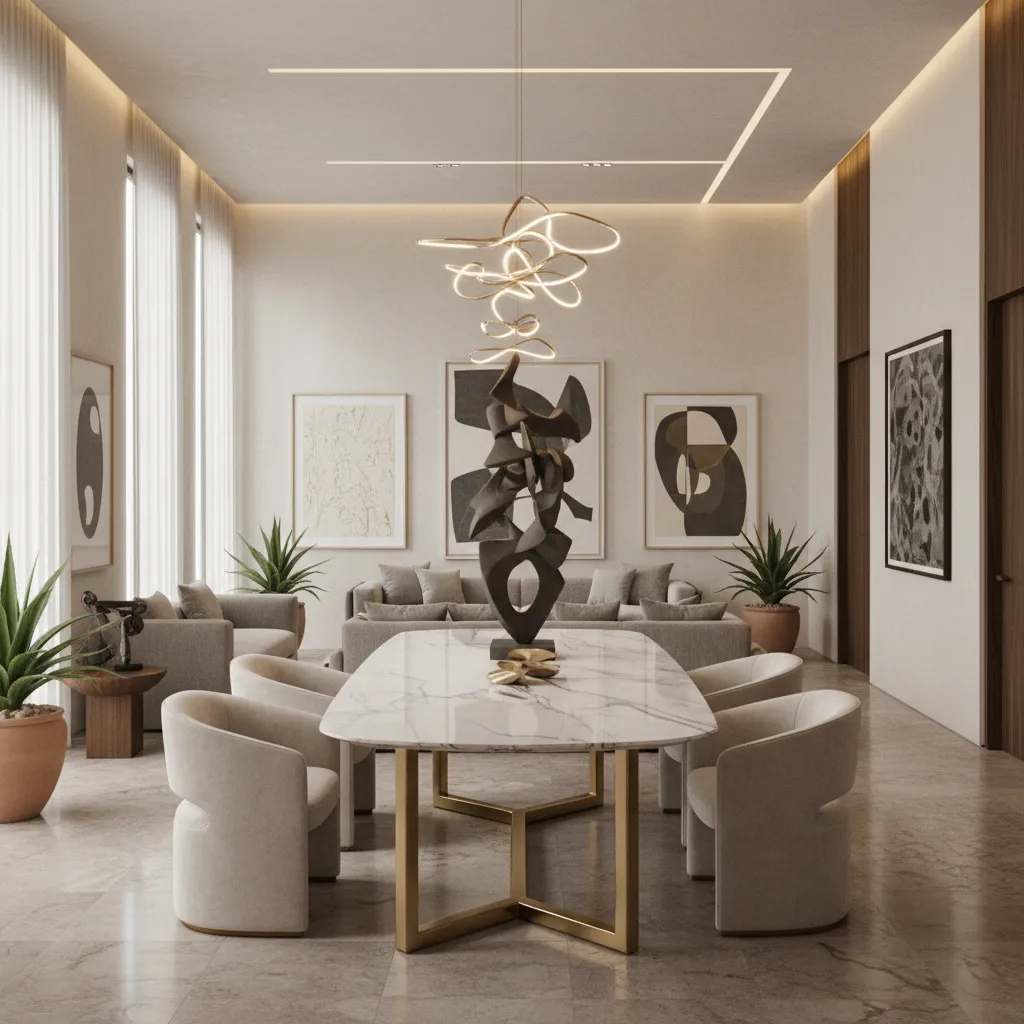 Interior elegante con arte contemporáneo y paleta neutra