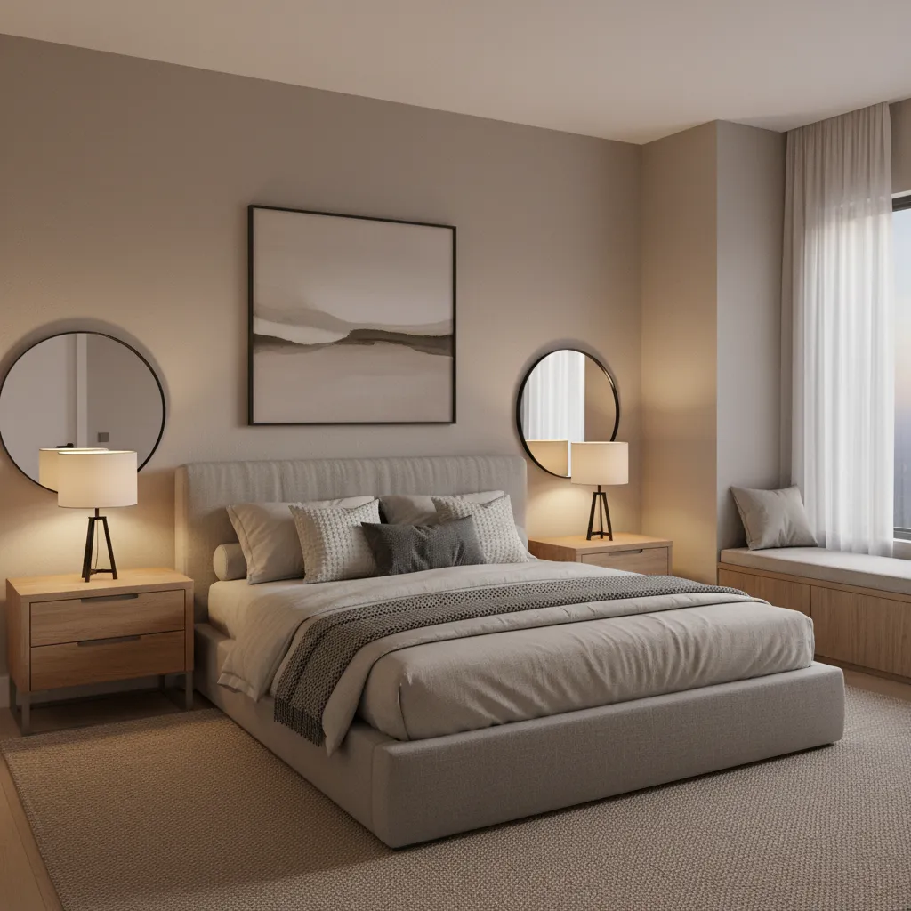 Calm bedroom with bedside lamps and soft ambient lighting