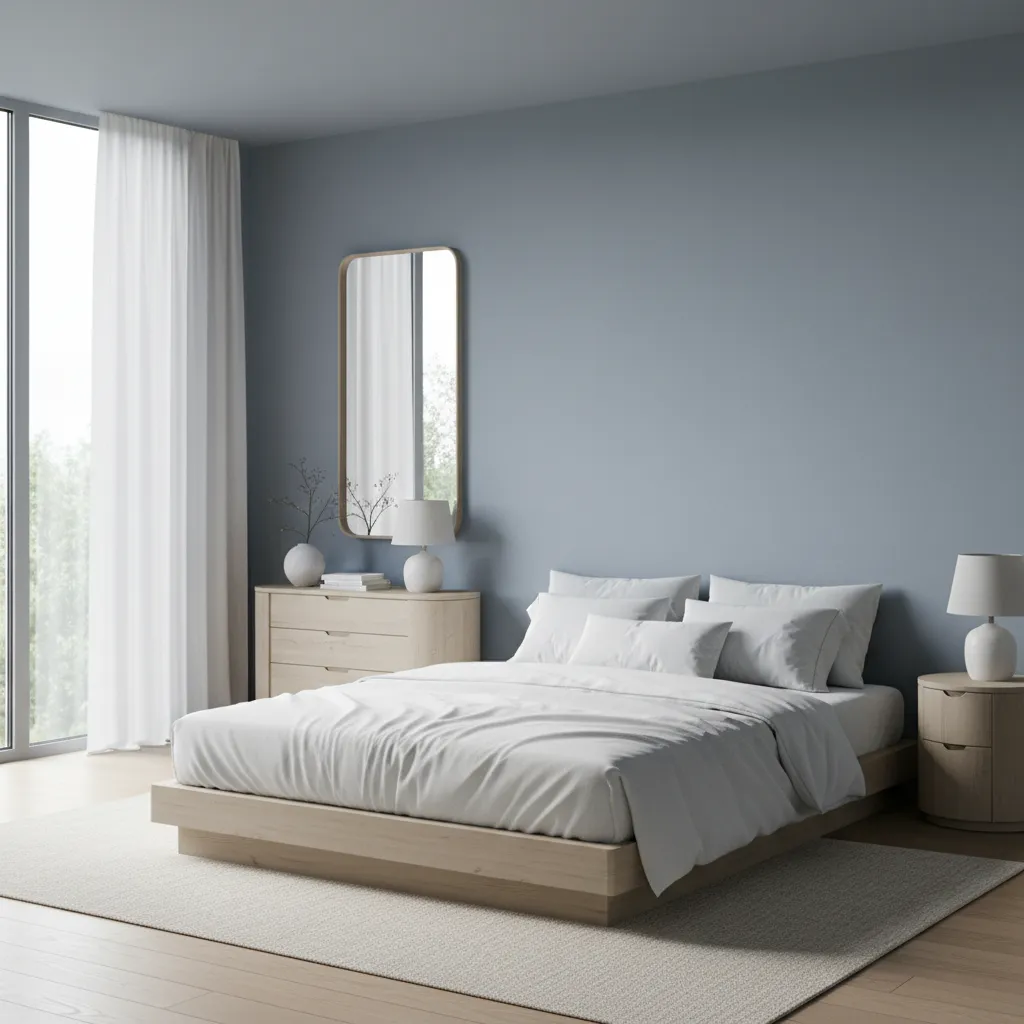 Soft blue bedroom interior designed for relaxation and sleep