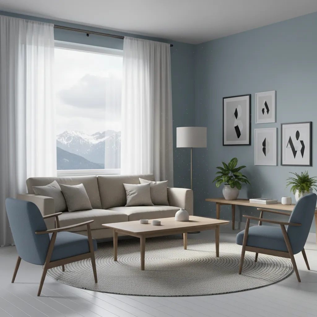Soft blue living room with natural linen curtains and bright daylight