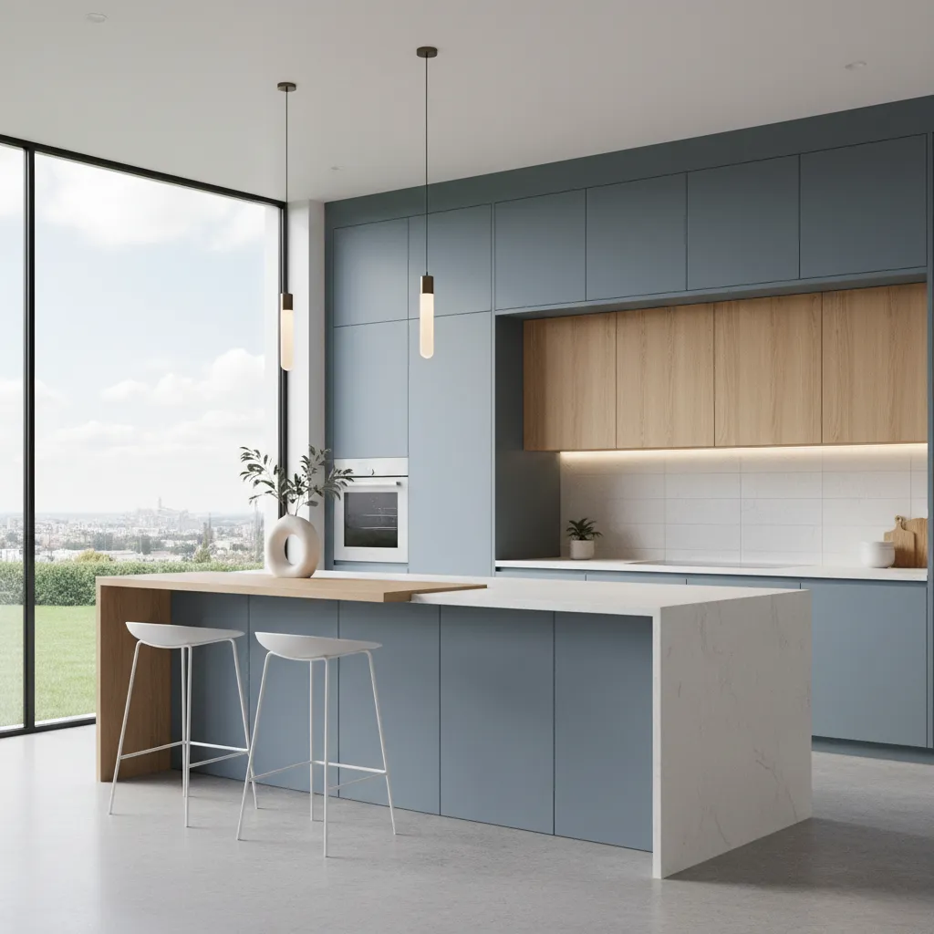 modern kitchen with soft blue cabinetry and natural materials