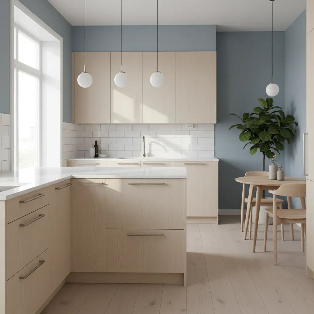 soft blue kitchen walls with light wood cabinets