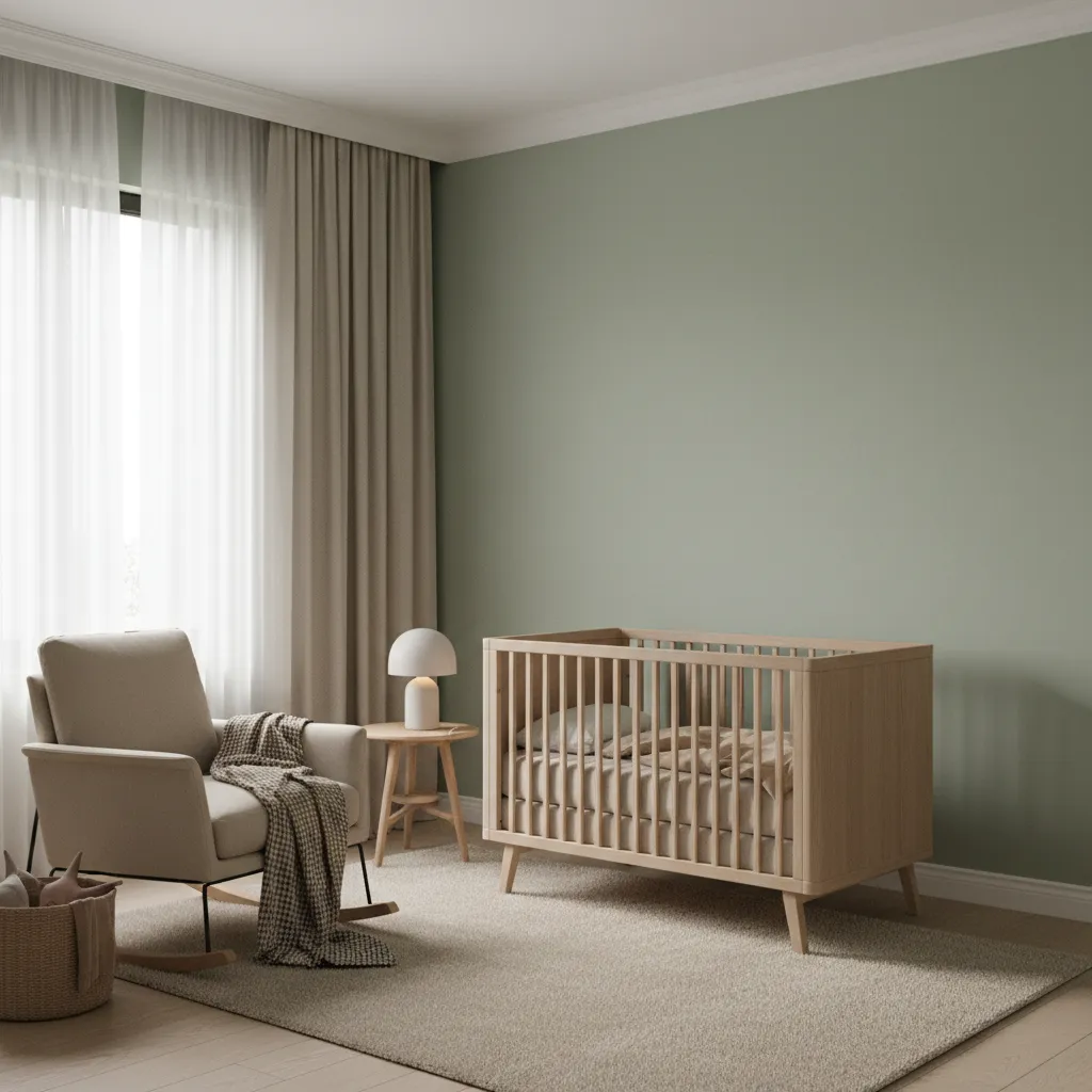 baby nursery with soft sage green and beige color palette