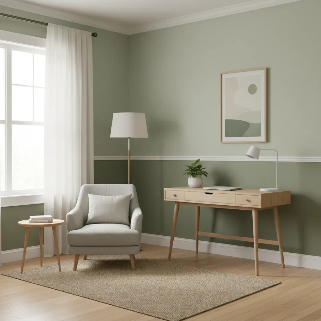 Soft green two tone chair rail office wall design