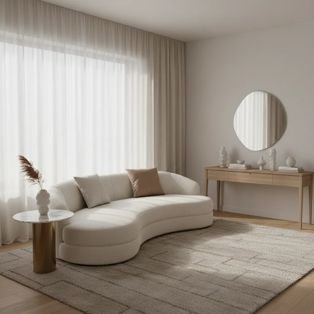 Soft feminine living room interior with curved sofa neutral colors and natural textures