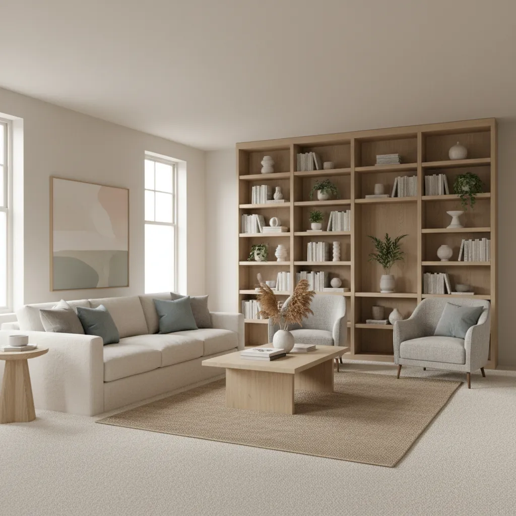 Living room with carpet flooring designed to reduce footstep impact noise