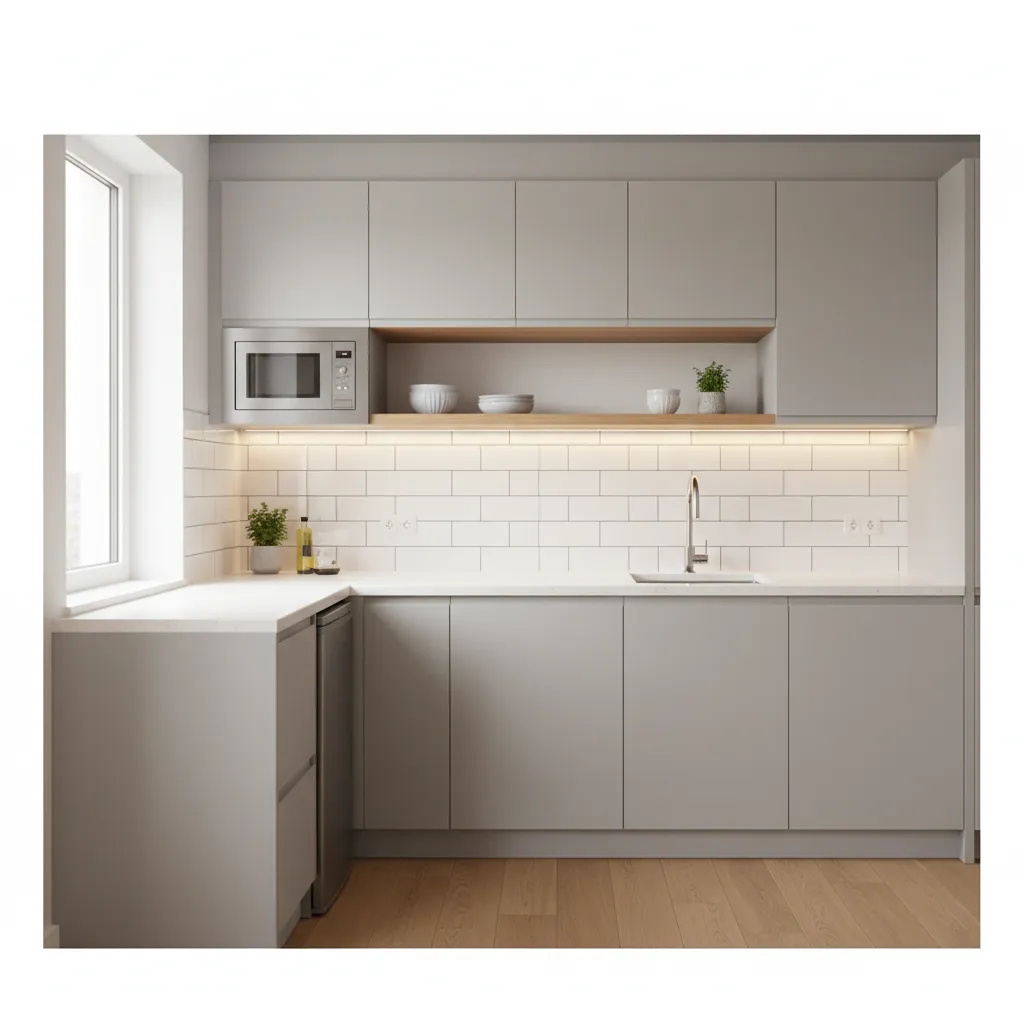 Modern kitchen with light grey cabinets white tile backsplash wooden shelf under cabinet lighting floor