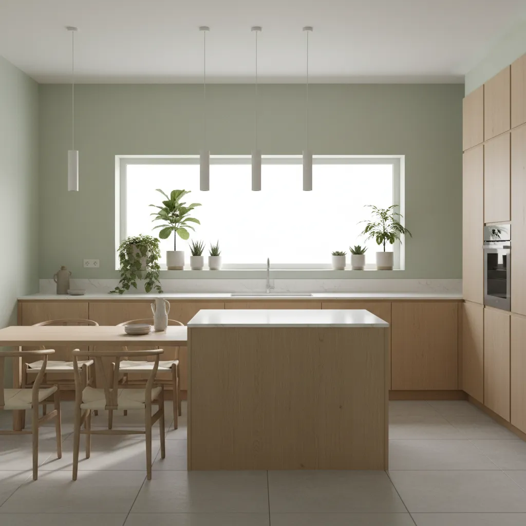 Kitchen with soft green walls and natural wood cabinets inspired by Vastu design