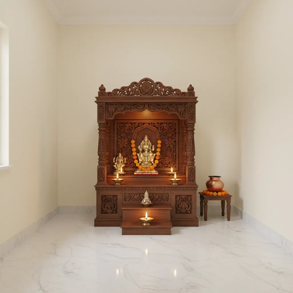 pooja room with ivory walls wooden mandir and brass lamps