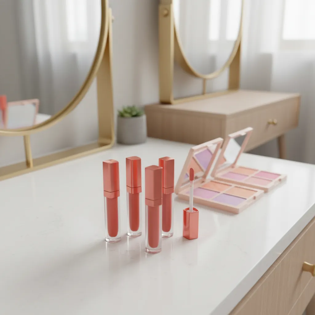 Soft aesthetic Korean makeup display with lip tints and blush palettes