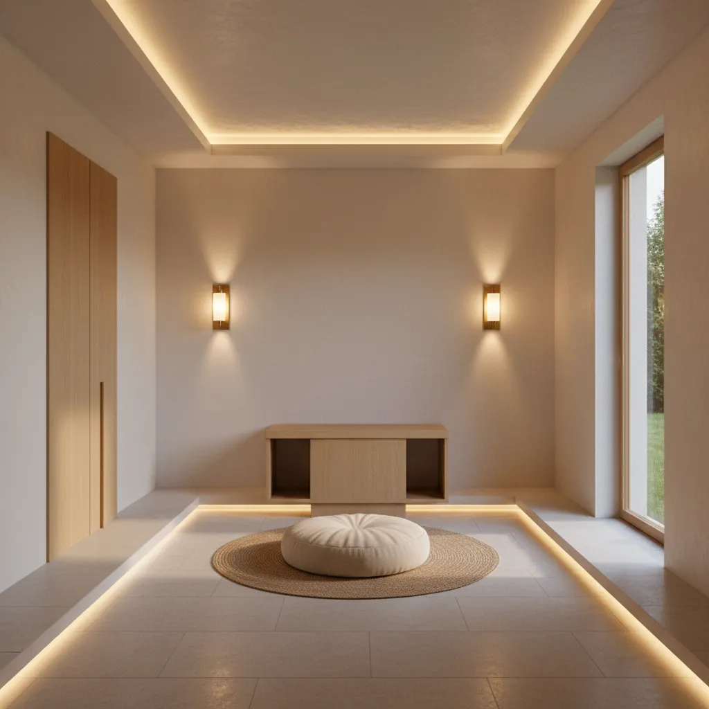 Prayer room with warm indirect lighting and peaceful minimalist layout