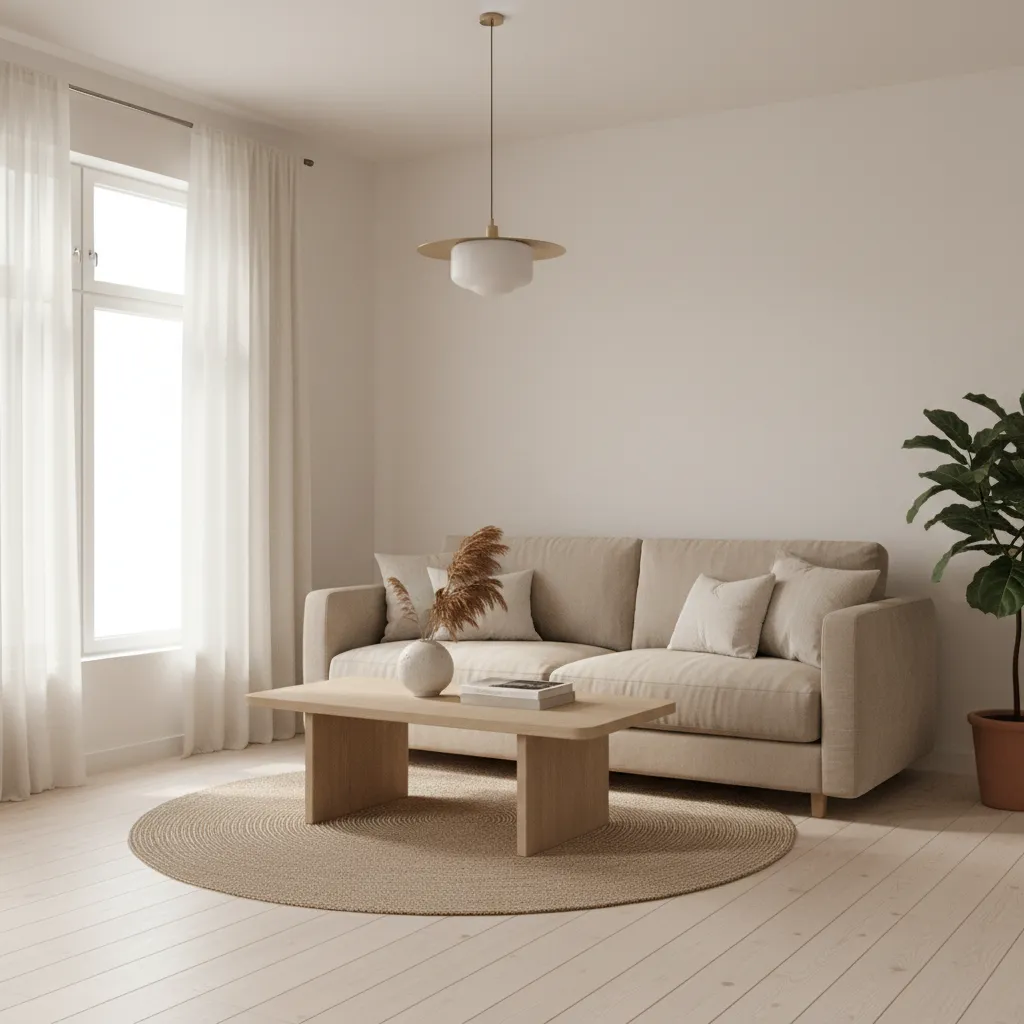 minimal living room with warm white walls beige sofa and light wood furniture