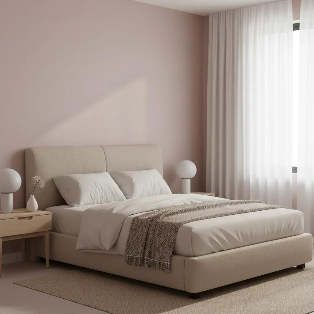soft blush pink bedroom with neutral bedding and natural light