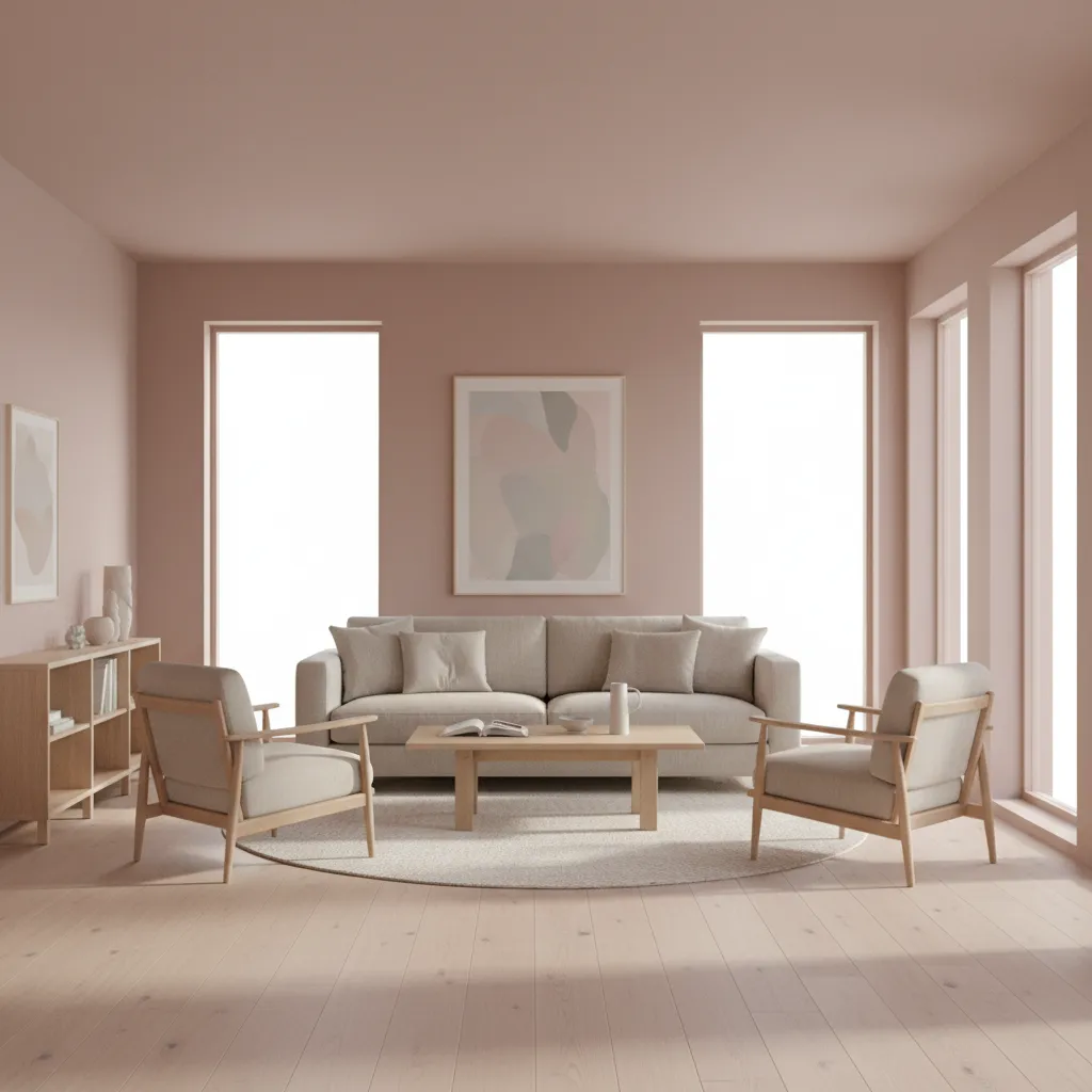Bright living room with soft pink walls and natural daylight reflecting across the space