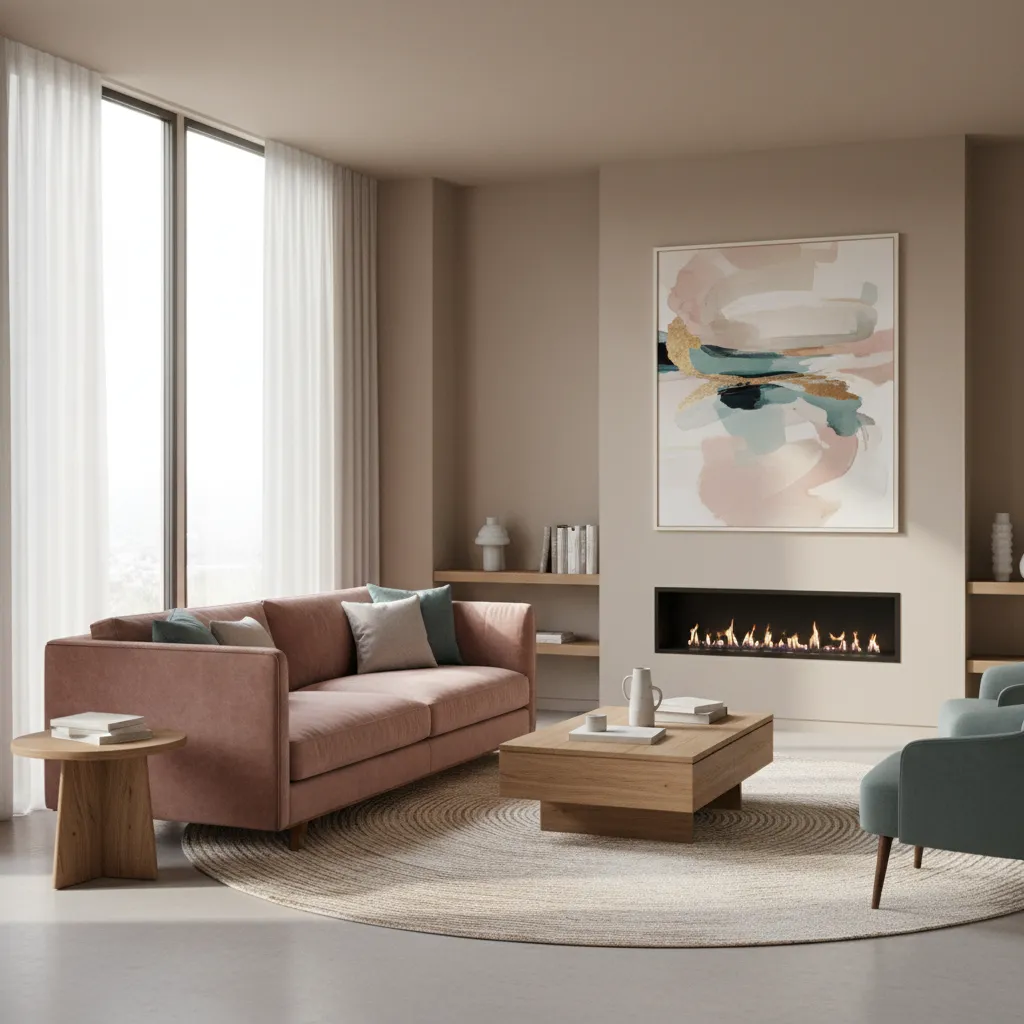 Modern living room with dusty pink sofa and muted teal accents