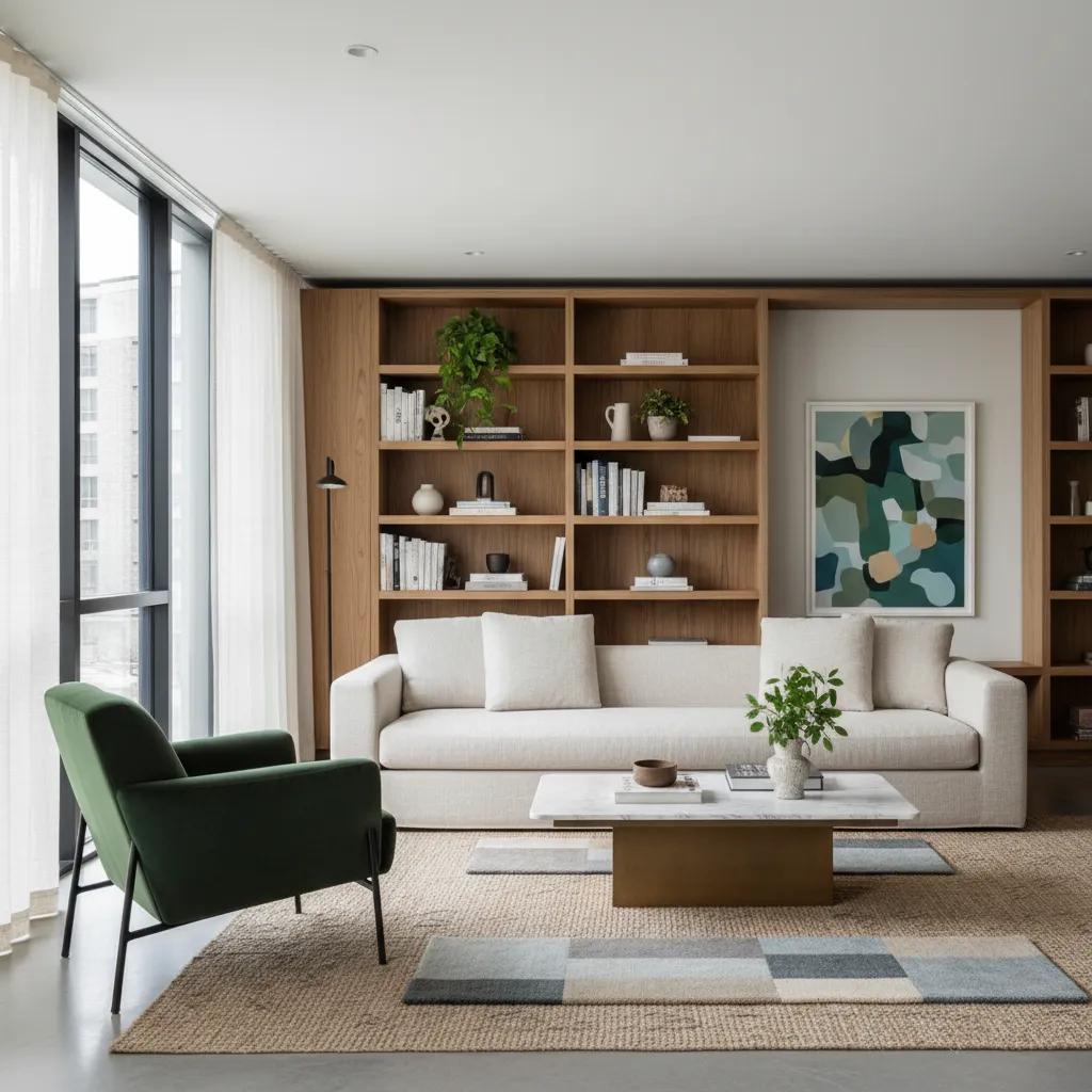 Living room combining soft textiles with wood and stone furniture textures