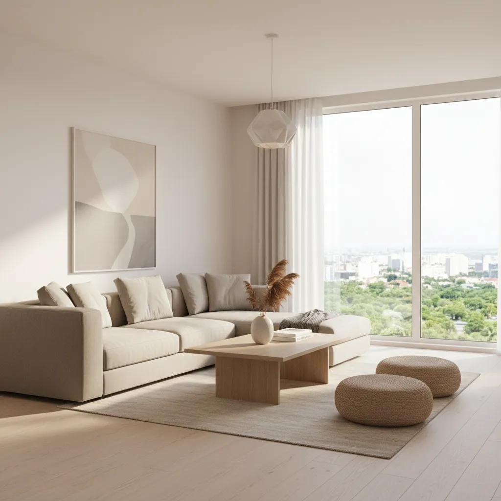 Living room with soft warm white walls and natural sunlight reflecting across the space