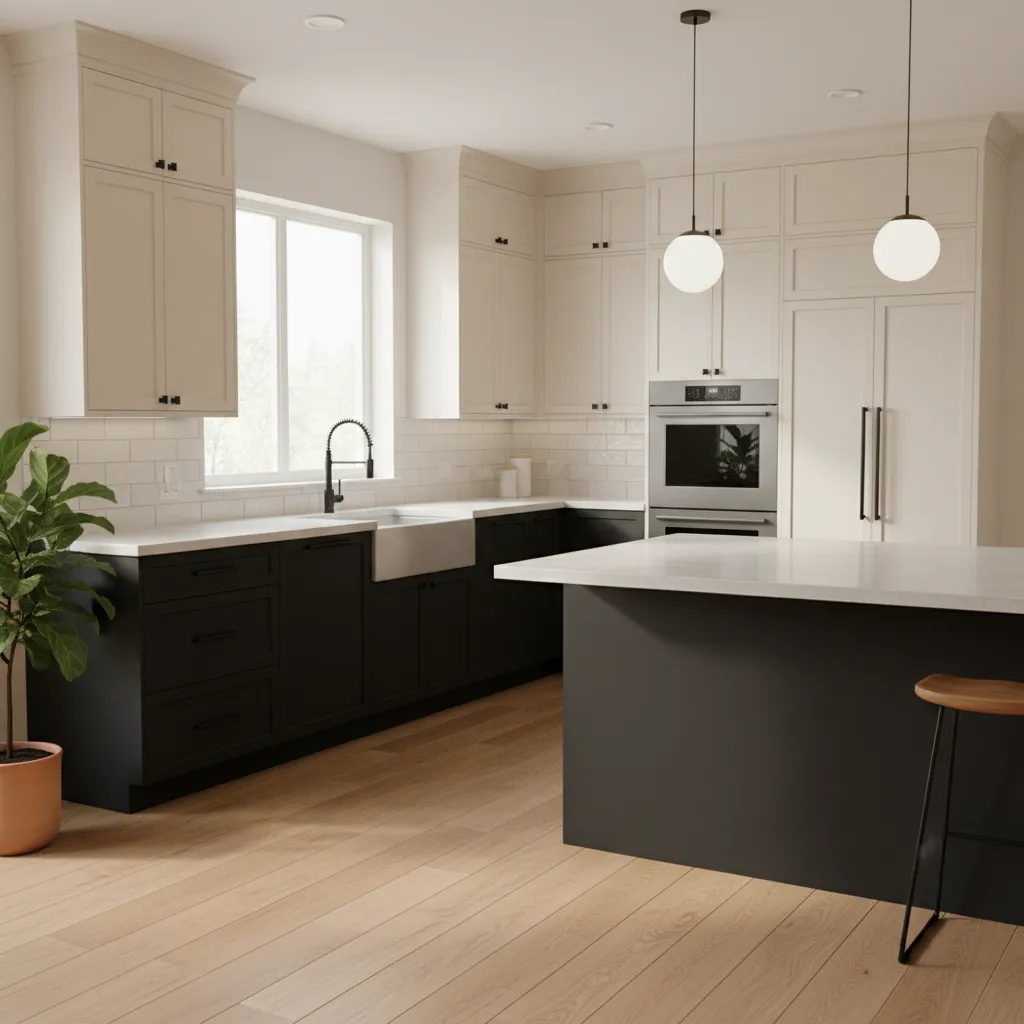 kitchen with warm off white cabinets and black base cabinets