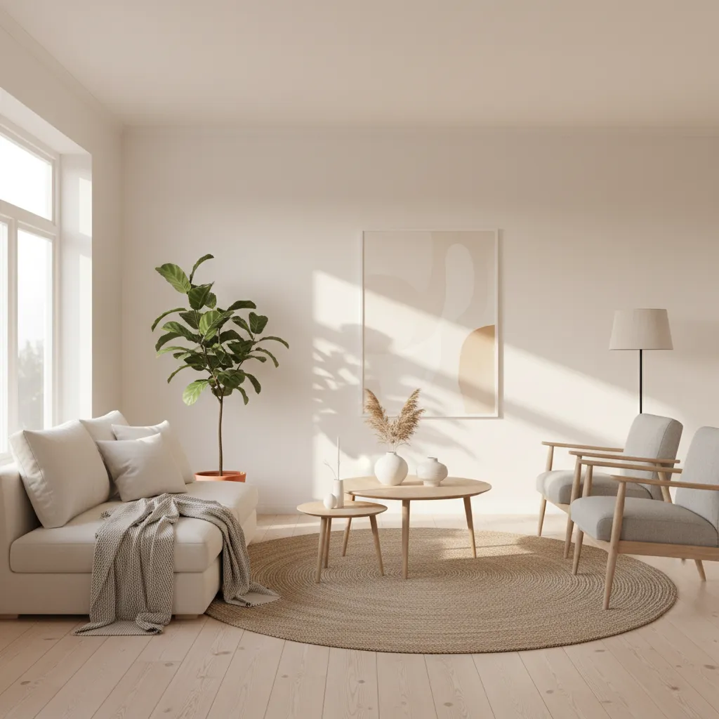 living room painted in soft warm white to reflect natural light