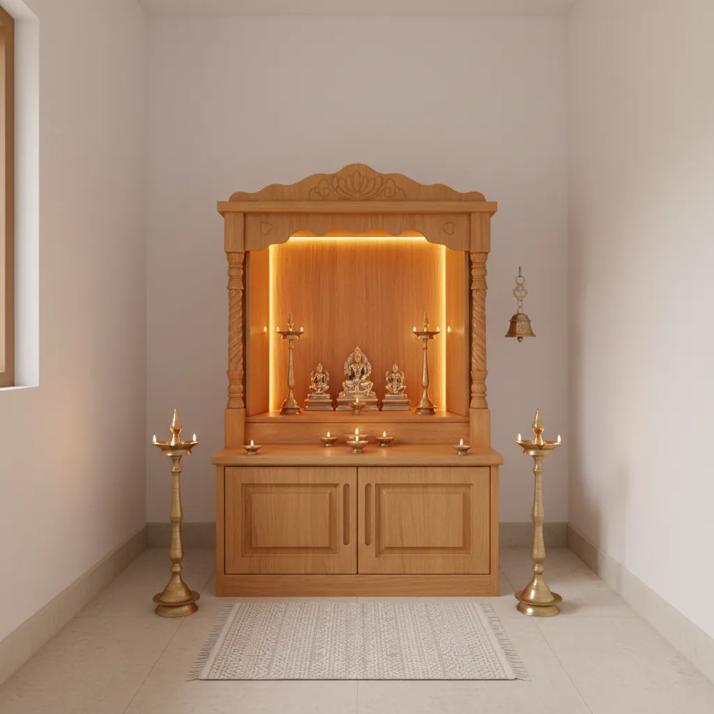 Small pooja room with soft white walls wooden temple and warm lighting