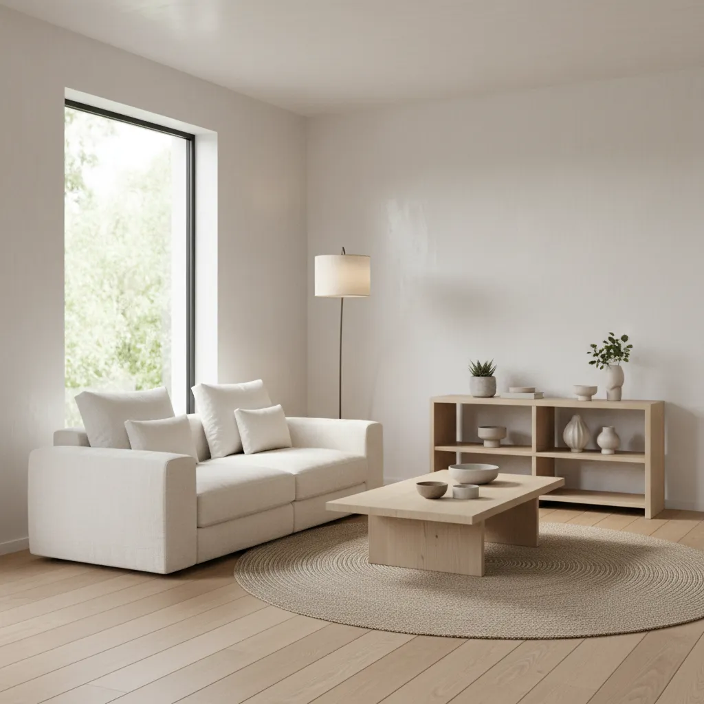Small living room with soft white walls and natural light