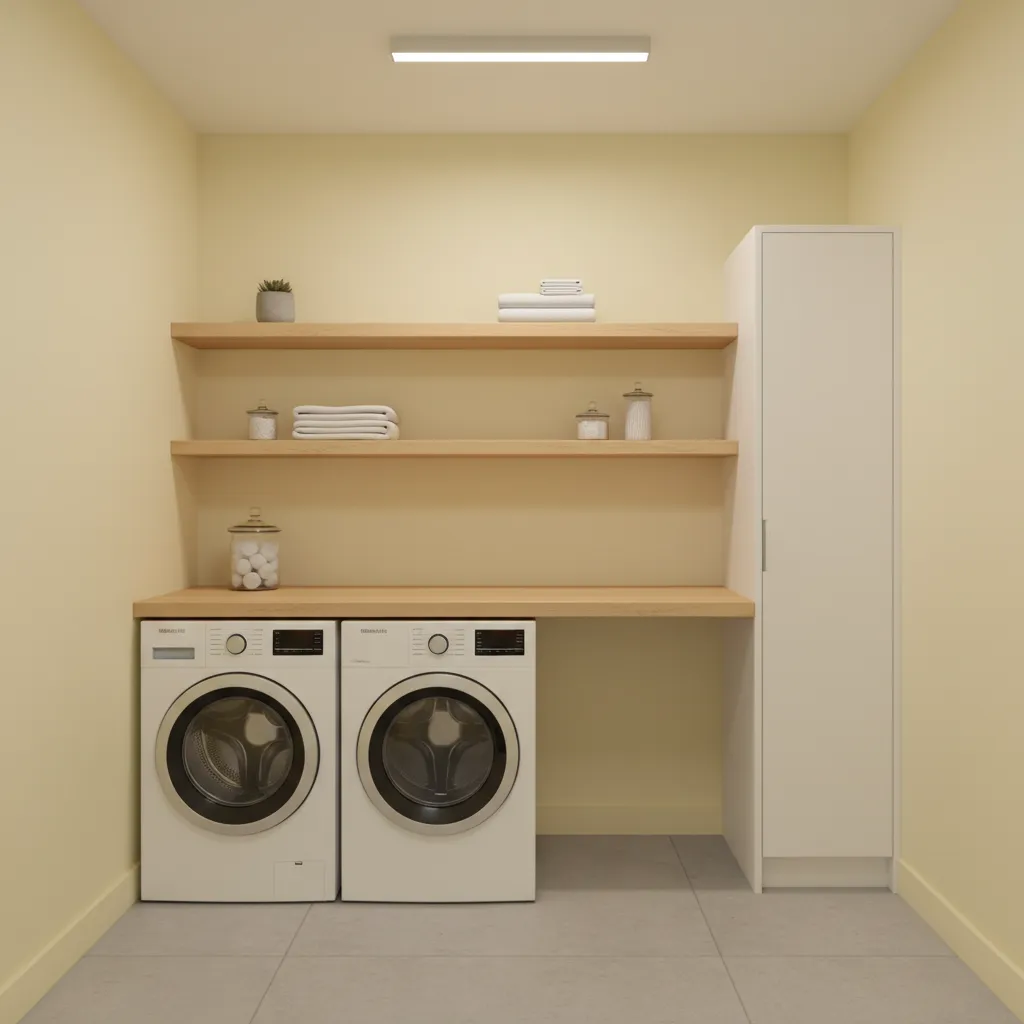small laundry room with soft yellow walls white appliances and warm lighting
