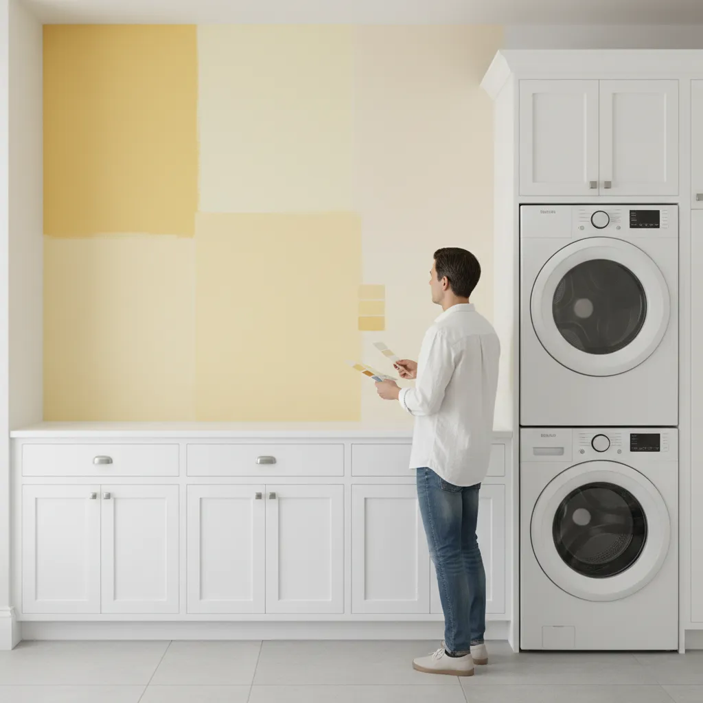 Designer paint sample wall showing soft yellow shades in laundry room