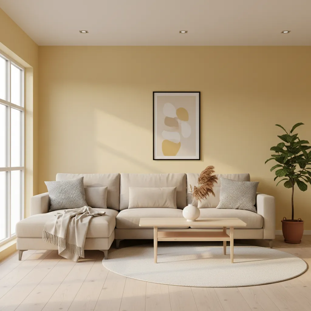 soft yellow living room with neutral furniture and bright natural light