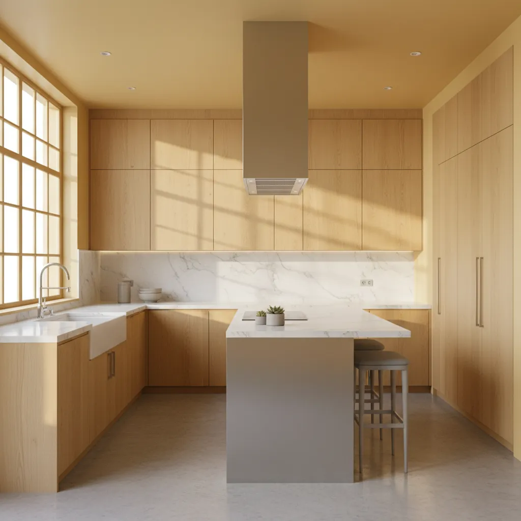 Kitchen with soft yellow wall color and natural wood cabinets