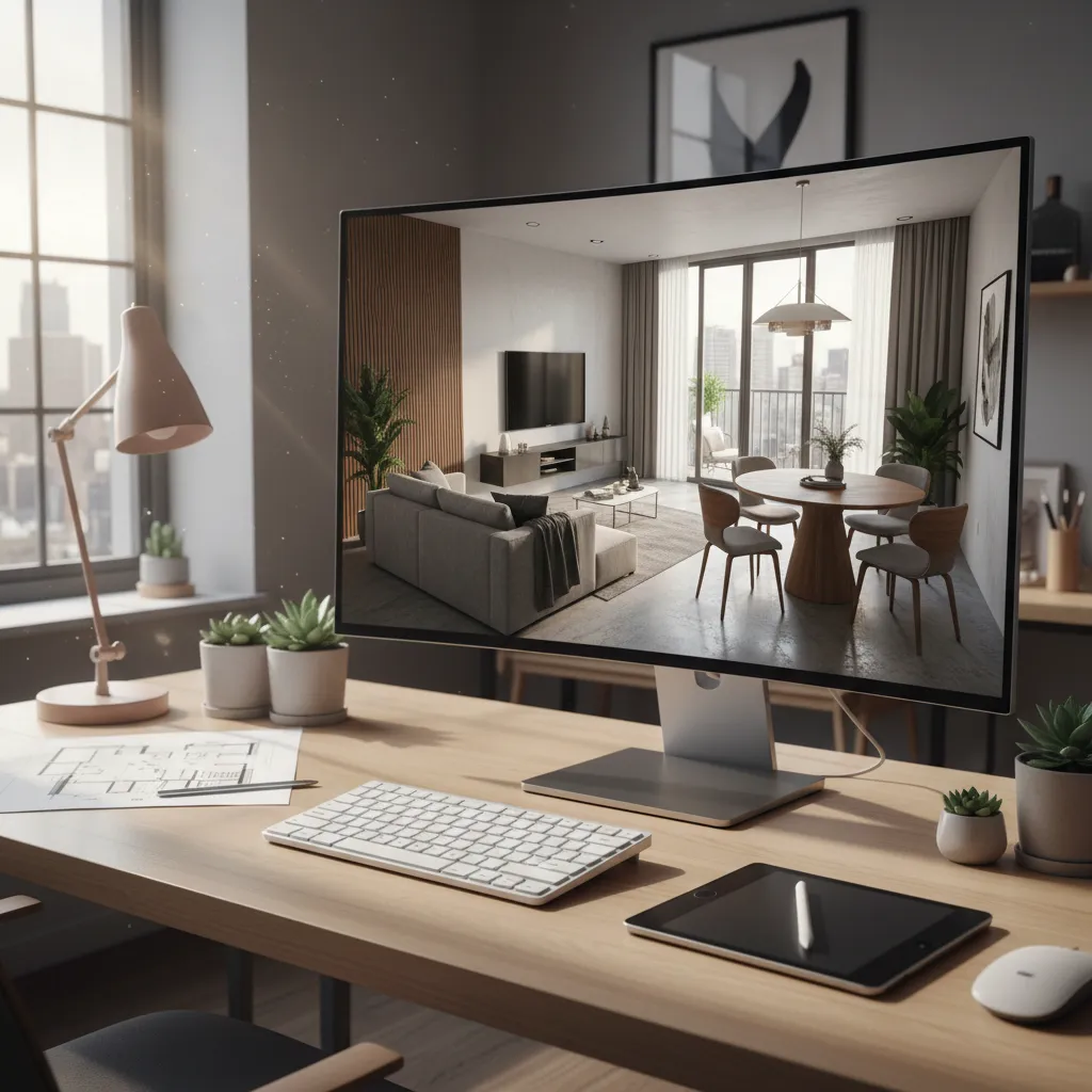 pantalla de computadora mostrando un modelo 3D de un interior moderno