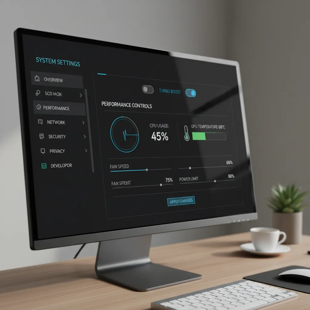 Advanced software configuration panel with system settings and optimization controls