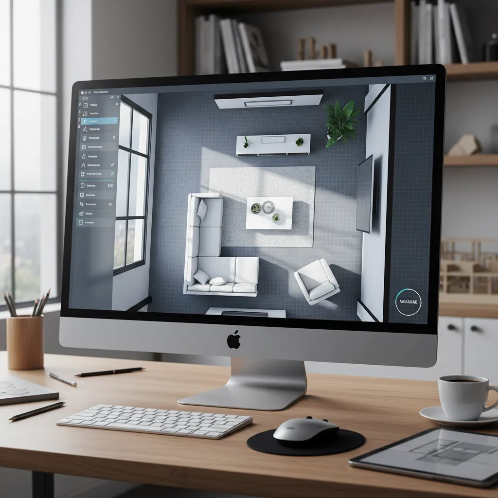 Pantalla mostrando un plano digital de un salón con muebles colocados
