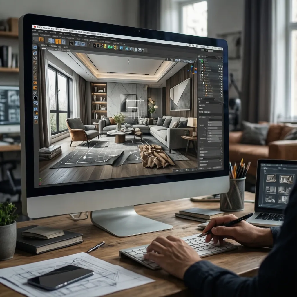 Computer monitor displaying a modern living room interior design drawing being edited by a designer