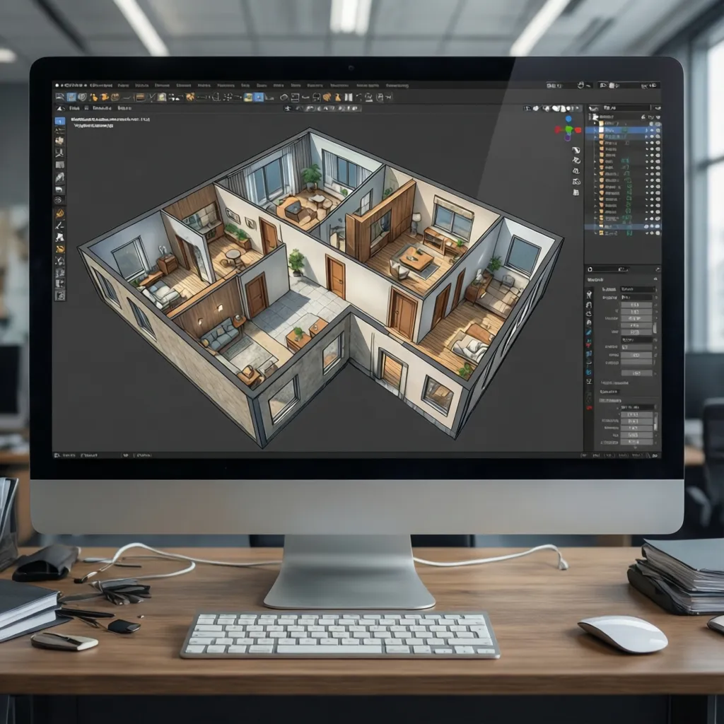 Computer monitor on a wooden desk displaying a 3D interior design drawing of house rooms