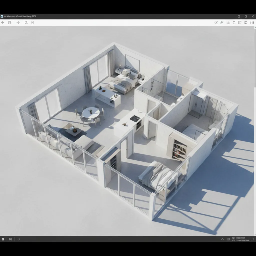 Interior design drawing showing three bedroom apartment layout with white furniture and large glass doors