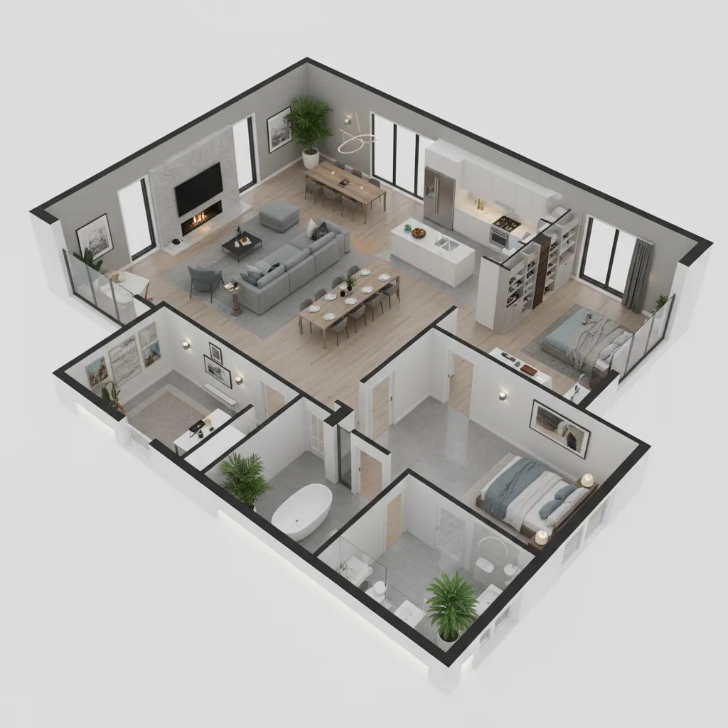 Visualisasi denah rumah dalam tampilan 3D
