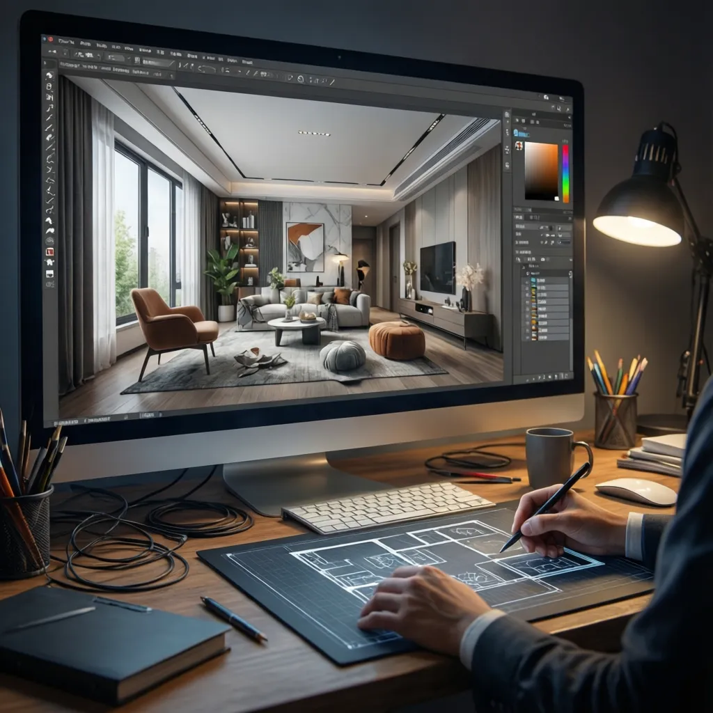 pantalla de ordenador mostrando modelo 3D de un apartamento