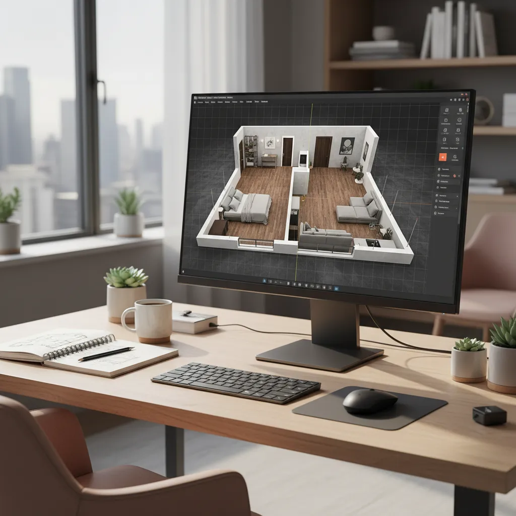 Pantalla con plano 3D de vivienda usado para aprender distribución de espacios