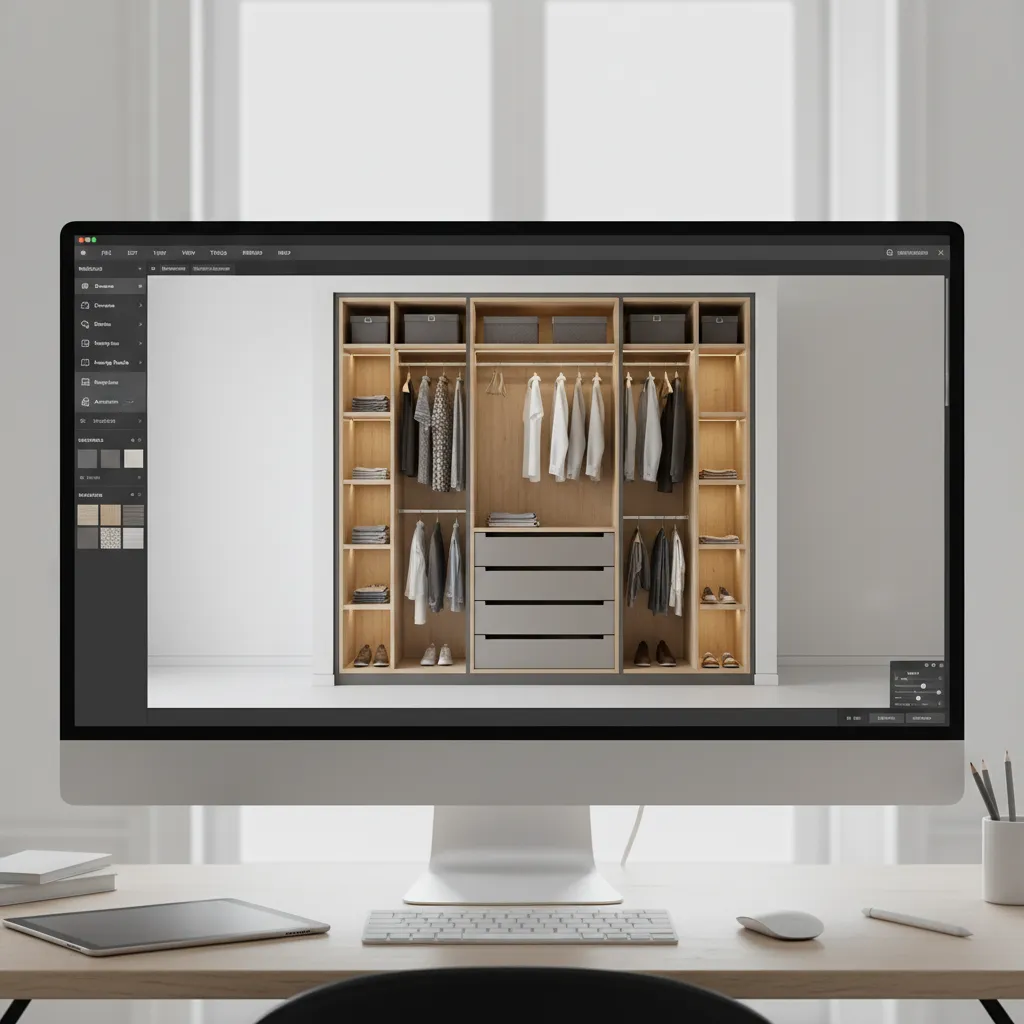 Interfaz de software mostrando diseño de armario empotrado en 3D