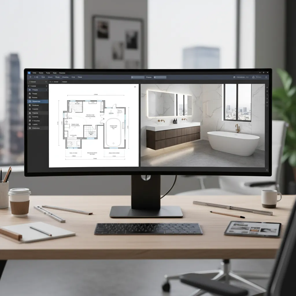 Interfaz de software de diseño de baños con plano y vista 3D