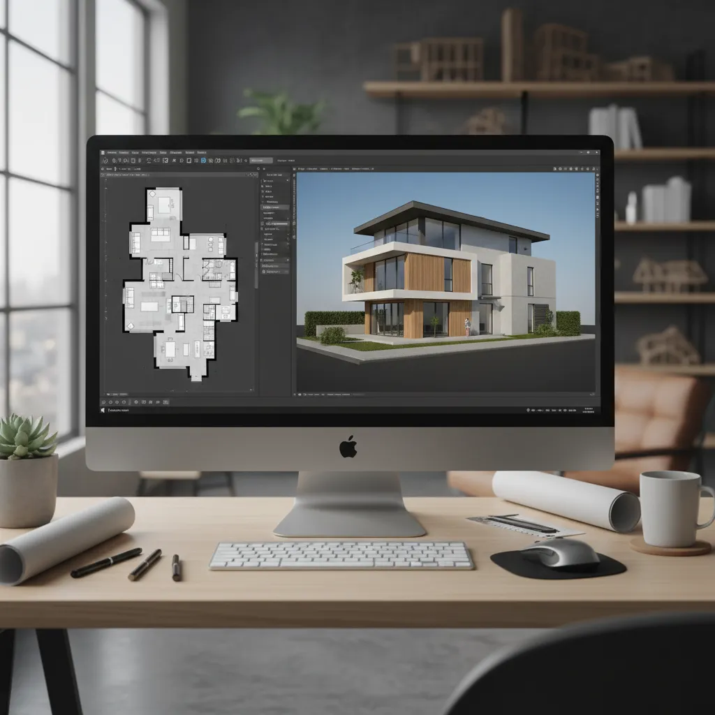 Pantalla de ordenador mostrando software de diseño de casas en 3D con plano y modelo