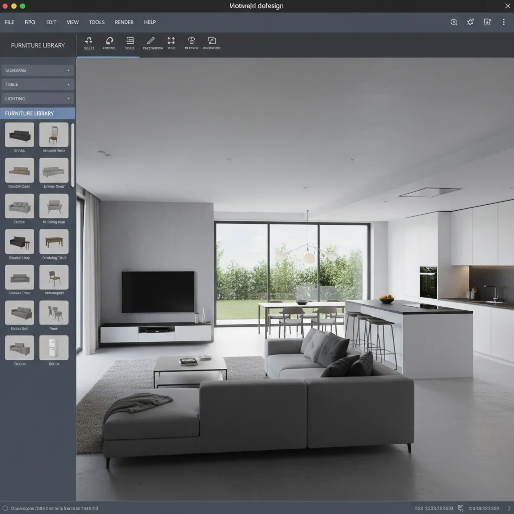 Interfaz de software mostrando diseño interior de una casa en 3D