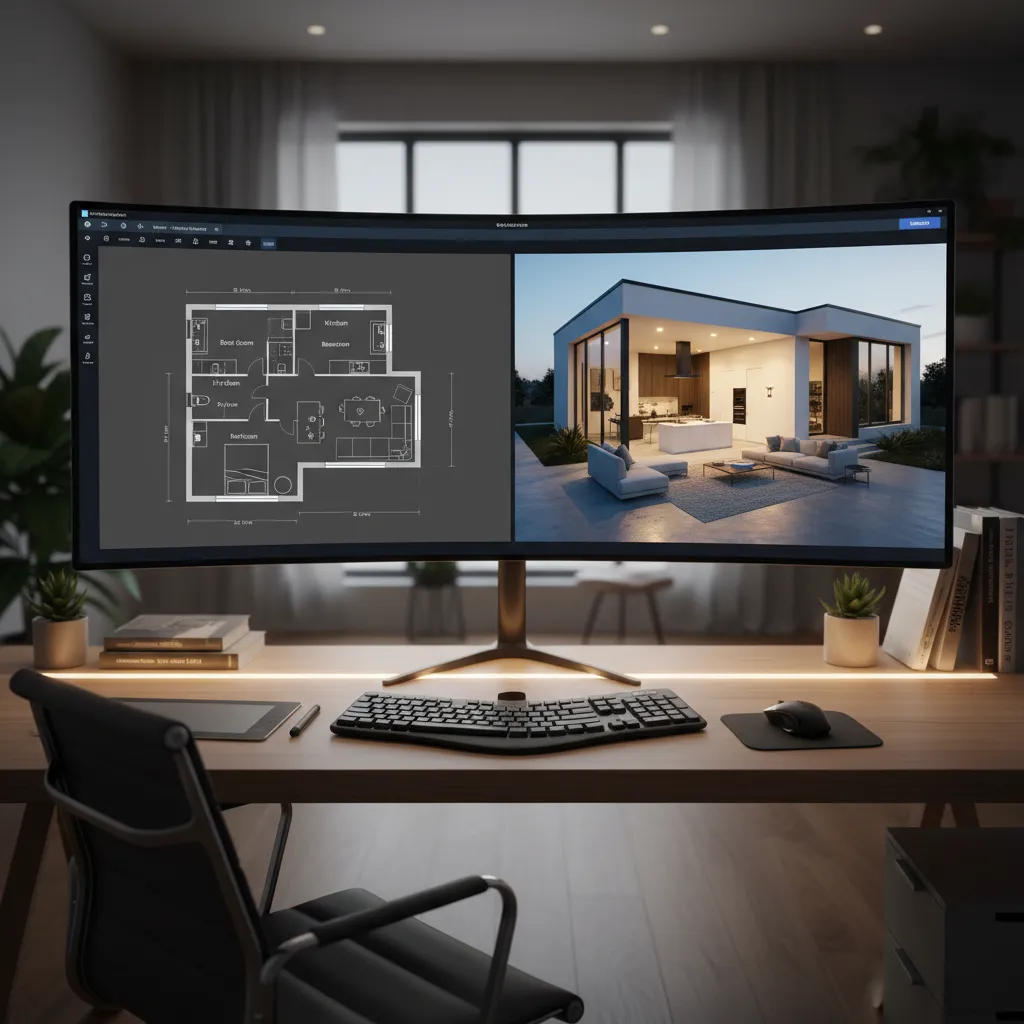 interfaz de software de diseño de casas en 3D con plano y vista renderizada
