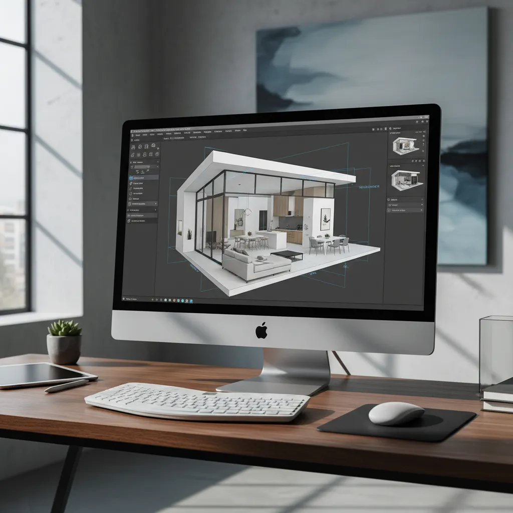 Computer screen displaying a 3D interior design drawing of a modern house on wooden desk