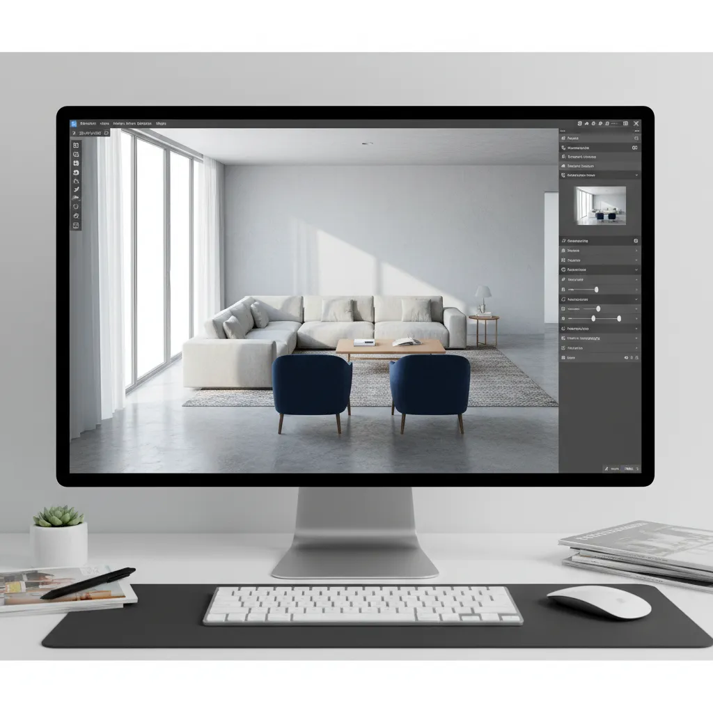 Interfaz de programa de diseño de interiores con vista 3D