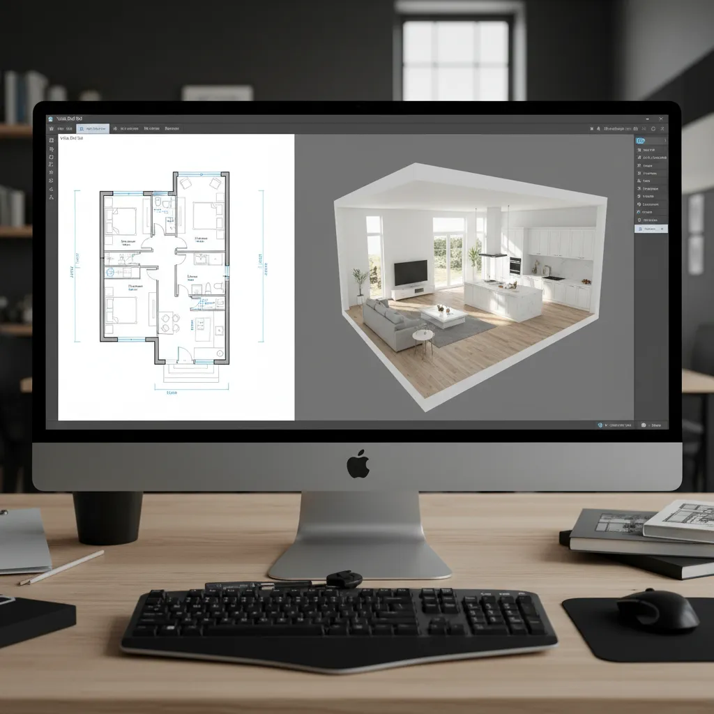 Interfaz de un software de diseño de casas mostrando plano y modelo 3D
