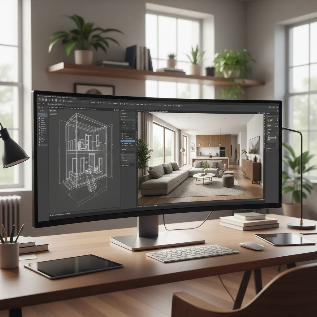 Wide computer monitor on wooden desk displaying house building drawing and modern living room design