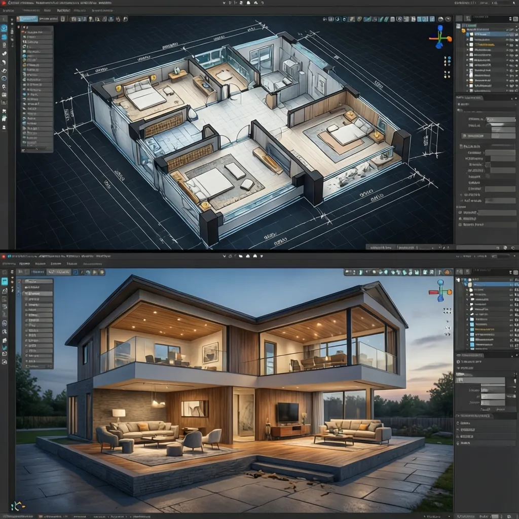 Pantalla mostrando un diseño completo de casa con vista 3D y plano 2D