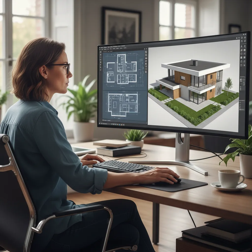 pantalla de software de diseño 3D mostrando un plano de vivienda