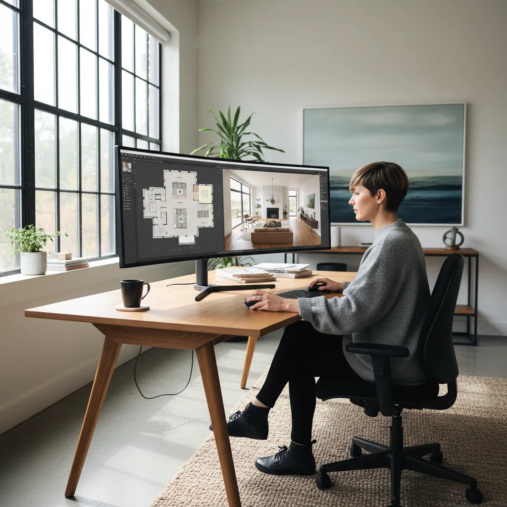 Persona utilizando software de diseño de interiores y casa en 3D